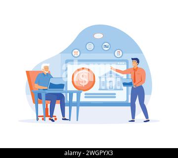 Alfabetizzazione finanziaria dei pensionati, corsi di pianificazione pensionistica, concetto di controllo del reddito pensionistico. illustrazione moderna vettoriale piatta Illustrazione Vettoriale