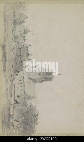 Paesaggio urbano con una chiesa, Adrianus Everssen, c. 1828 - 1897 paesaggio urbano con una chiesa. Foglia 7 verso da un bozzetto con 58 fogli. Carta olandese. vista sulla città a matita e paesaggio con costruzioni artificiali. chiesa (esterno) Foto Stock