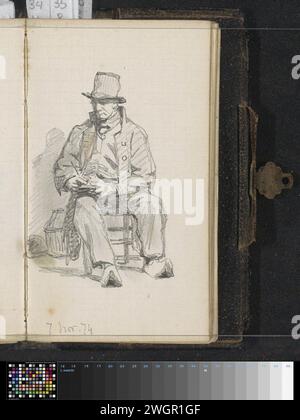 Uomo che scrive seduto su una sedia, 1874 l'uomo indossa zoccoli e un cappello. Pagina 31 Recto from a sketchbook with 51 sheets. figura seduta a matita. scrivere e lettere Foto Stock