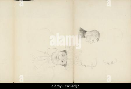 Teste da uomo e testa caricatoriale di un uomo con un cappello decorato e arco intorno al collo, c. 1894 lato retto di un disegno separato tra le pagine 35 e 34 di un bozzetto con 35 fogli. carta. matita per adulti. testa (umana). copricapo: cappello. fiocco (parte ornamentale dell'abbigliamento). caricature (tipi umani) Foto Stock