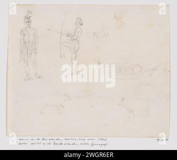 Schizzi di due uomini, un vascello e due buoi, Molucche sudorientali, Adrianus Johannes Bik, 1824 disegno a) due uomini delle Isole Aru, uno con un coltello da cappuccio, uno con arco e freccia; b) vascello; c) due buoi. Carta delle Molucche del Sud. matita Foto Stock