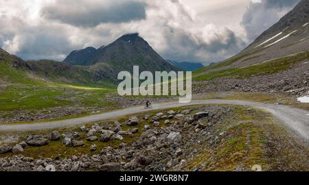 Ciclista maschio privato sulla strada a pedaggio attraverso Vengedalen, vicino ad Andalsnes, Norvegia. Foto Stock