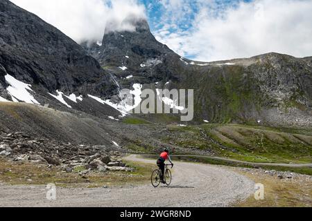 Ciclista femmina privato sulla strada a pedaggio attraverso Vengedalen, vicino ad Andalsnes, Norvegia. Foto Stock