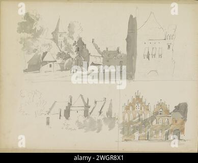 Foglio di studio con edifici e un paesaggio urbano, Adrianus Everssen, c. 1828 - 1897 in alto a sinistra un paesaggio urbano con una chiesa. Negli edifici in basso a destra con i frontoni a gradini. Foglia 36 verso da un bozzetto con 41 fogli. Carta olandese. vista sulla città a matita e paesaggio con costruzioni artificiali. alloggi urbani. chiesa (esterno) Foto Stock