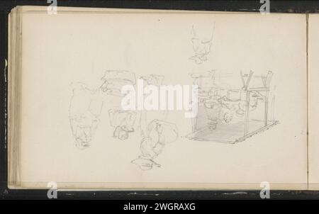 Foglio di studio con figure e una stalla, Cornelis Springer, c. 1856 - c. 1861 figure in una stalla di mercato e donne con merci. Pagina 21 verso da un bozzetto con 44 fogli realizzati in Zelanda e Utrecht. Carta della Zelanda (possibilmente). stalla a matita, stand (mercato). donna adulta Foto Stock