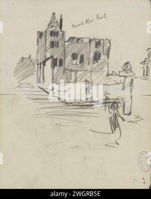 Demolizione degli edifici sul Beurspleintje di Amsterdam, 1912 disegno visto al Damrak. Davanti a una figura con una colonna pubblicitaria. Giornale di Amsterdam. squadra di gesso, luogo, circo, ecc. alloggi urbani. Demolizione dell'edificio Beursplein. Rokin. Damra Foto Stock
