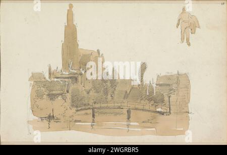 Paesaggio urbano con una chiesa, Adrianus Everssen, c. 1828 - 1897 paesaggio urbano con una chiesa e un ponte. In alto a destra un uomo con un po' sotto il braccio destro sul retro, pagina 28 da un bozzetto con 52 fogli realizzati nelle vicinanze di Kampen, Hattem, Hoorn e Zwolle. Carta olandese. vista sulla città a matita e paesaggio con costruzioni artificiali. chiesa (esterna). uomo adulto (+ vista posteriore). ponte Foto Stock