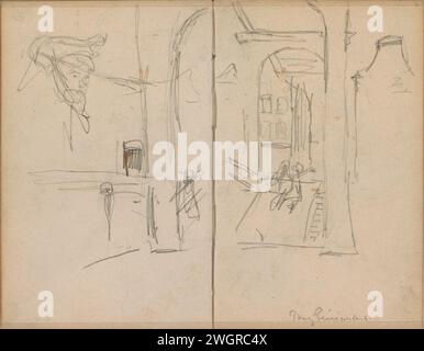 Sloterdijkbrug ad Amsterdam, George Hendrik Breitner, 1886 - 1908 probabilmente visto da Prinseneiland al nuovo teertuinen. A sinistra la testa di una donna. Pagina 45 e pagina 46 da un bozzetto con 46 riviste realizzate ad Amsterdam, Haarlem e Anversa. Giornale di Amsterdam. architettura civica a matita; edifici; abitazioni. ponte in città sul fiume, sul canale, ecc. (+ città(-paesaggio) con figure, personale). Donna adulta Prinseniland. Nuovo teertuinen. Sloterdijkbrug Foto Stock