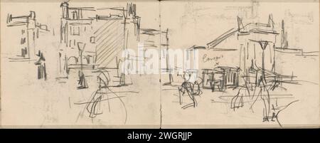 Vista della diga di Amsterdam con il Café Bisschop e la borsa di Zocher, George Hendrik Breitner, 1893 - 1899 sulla destra la torre della vecchia chiesa. Sui tram a cavallo anteriori. Pagina 23 e pagina 24 da uno sketch book con 28 riviste. Giornale di Amsterdam. squadra di gesso, luogo, circo, ecc. (+ città(-paesaggio) con figure, personale). alloggi urbani. diligenza, omnibus, tram a cavallo. Parti dell'esterno della chiesa e annessi: tower Dam. Beurs van Zocher. Vecchia chiesa Foto Stock