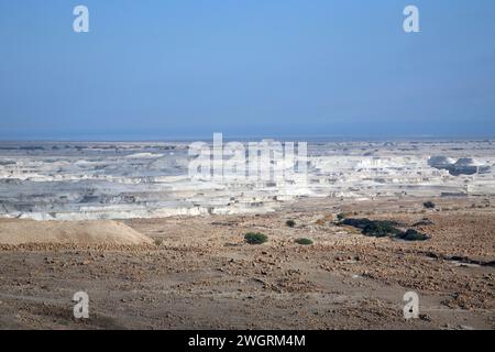 Paesaggio senza acqua del deserto della Giudea, vista da Masada verso il Mar morto, Israele Foto Stock