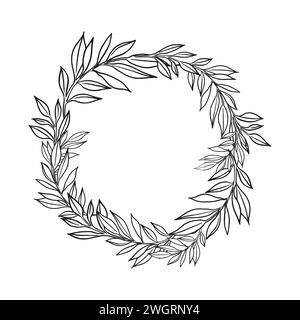 corona disegnata a mano con piante vettoriali, brunch di fiori, schizzo di foglie, erbe, erba, profilo a inchiostro delle foglie, illustrazione monocromatica isolata Illustrazione Vettoriale