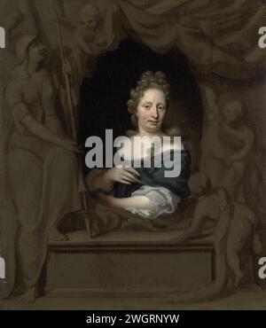 Ritratto di Eva Visscher, moglie o Michiel van Musscher, Michiel van Musscher, 1685 dipinto Ritratto di Eva Visscher, la moglie del pittore Michiel van Musscher. Seduti, a metà strada, in una finestra formata da Draperieyn e in un seminterrato. Sinistra Minerva con lan, due putti sulla destra. Pendente SK-A-4232. tela. vernice a olio (vernice) Foto Stock