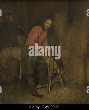 Balle di fieno, Caspar Netscher (attribuito a), 1660 - 1684 dipingendo il tagliapaglia. La paglia di un servo taglia una panca della cappa in un fieno. pannello. vernici a olio prodotti agricoli e sottoprodotti: paglia. segatura (processo industriale) Foto Stock