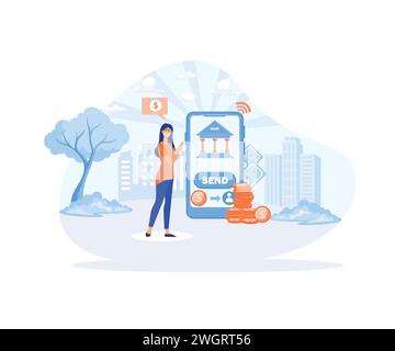 La donna paga gli acquisti o invia denaro utilizzando l'app per smartphone. illustrazione moderna vettoriale piatta Illustrazione Vettoriale