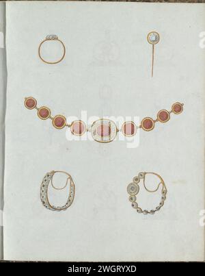 Cinque gioielli tra cui un anello, c. 1800 - c. 1810 Augsburg (possibilmente) carta. inchiostro. ornamenti per penne/pennelli ad acquerello (vernice), gioielli Foto Stock