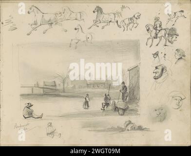 Cavalli, teste caricaturali e un paesaggio invernale a Rembrandt, 1840 pagina 1 recto da un bozzetto con 43 fogli. Carta Kassel. paesaggi a matita (+ paesaggio con figure, personale). cavallo. testa (umana) Foto Stock