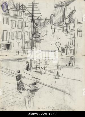 Edifici sul Beurspleintje di Amsterdam, visti dall'Hotel Poland (Rokin 14), 1886 - 1912 disegnando al centro una colonna pubblicitaria. Giornale di Amsterdam. squadra di gesso, luogo, circo, ecc. (+ città(-paesaggio) con figure, personale). Alloggi urbani a Beursplein. Rokin Foto Stock