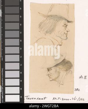 Due bozzetti di uomo con capelli lunghi e cappello, Johannes Taventrate, 1840 - 1880 carta da disegno. inchiostro. caricature penne a matita/pennello (tipi umani) Foto Stock