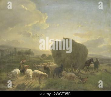 Paesaggio con pecora e un carro di fieno, Balthasar Paul Ommeganck, 1822 - 1824 dipinto paesaggio con un pastore con la sua mandria di pecore e alcune capre e un contadino con un carro di fieno. Un cane morde una pecora nella coda. pannello. vernice a olio (vernice) per carri da fieno. pecore Foto Stock