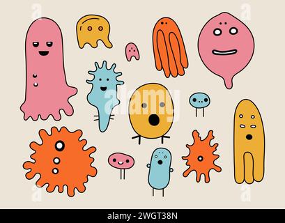Set di simpatici germi colorati in stile cartoni animati, isolati su sfondo beige. Semplice raccolta di batteri disegnati a mano, scarabocchi per bambini Illustrazione Vettoriale