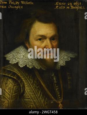 Ritratto di Philips Willem (1554-1618), Principe d'Orange, Michiel Jansz van Mierevelt (laboratorio di), c. 1609 - c. 1633 dipinto Ritratto di Philips Willem (1554-1618), Principe d'Orange. Busto a destra. Parte della serie di ritratti dello Stadhouderlijk Hof a Leeuwarden. pannello. personale storico della vernice a olio (vernice) Foto Stock