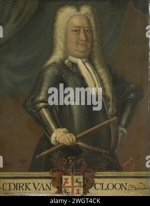 Ritratto di Dirk van Cloon, Governatore generale delle Indie Orientali olandesi, Hendrik van den Bosch (dopo libero), 1750 - 1799 dipinto Ritratto di Dirk van Cloon (1688-1735). Governatore generale (1730-35). In piedi, a metà a destra, in armatura. Commandostaf nella mano destra, la mano sinistra nella parte laterale. Parte di una serie di copie di ritratti dei governatori generali delle ex Indie Orientali olandesi, probabilmente della United Oost India Company. Copia gratuita su SK-A-3776. rame (metallo). vernice a olio (vernice) Foto Stock