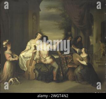 Una compagnia musicale, Melchior Brassauw, dopo Gerard Pietersz. Van Zijl, 1730 - 1757 pittura compagnia musicale su una terrazza. A destra una donna che vota un liuto, dietro il tavolo un uomo con un violino, a sinistra una donna con un violoncello con un uomo in seduta che solleva un bicchiere. Gli spartiti sono sul tavolo. In passato considerava anche il figlio perduto. pannello. Pittura ad olio (Paint) piccolo gruppo di musicisti, orchestra da camera, jazz band - CC - "Concert champÃªtre". Feste private, compagnia allegra - AA - all'aperto, "fÃªte champÃªtre" Foto Stock