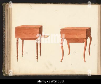 Due modelli per comodini, anonimi, c. 1825 - c. 1839 disegno di due modelli per comodino (modello vide Power). Una sulle gambe con alette, l'altra in stile Luigi XV. La foglia sul retro numerata: 31, la foglia opposta con informazioni sui mobili raffigurati: 31 bis. Parte di un album con 80 fogli con disegni e una stampa di mobili impiallacciati e laccati, nonché mobili per sedersi. Parigi (forse) carta. inchiostro. acquerello (vernice). penna a matita / tavolino (+ legno e altro materiale fitogeno) Foto Stock