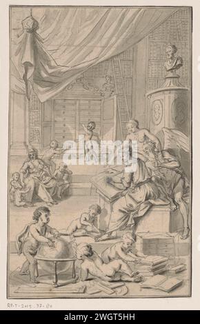 Biblioteca con la personificazione della storia, Adolf van der Laan, 1694 - 1755 disegno rappresentazione allegorica con la personificazione della storia in una biblioteca. Oltre alla sua verità e al tempo del padre. In primo piano quattro putti con libri e un globo. Ho lasciato Charitas. Due putti sullo sfondo per un armadio di raccolta. carta. Pennello/pennello a inchiostro con curiosità, "Kunst- und Wunderkammer". studio; 'studiolo'; biblioteca. globo. cupidi: "amores", "amoretti", "putti". Il tempo rivela la verità; il tempo porta la verità in alto. "Historia"; "Historia" (Ripa). Padre tempo, uomo con ali e falce Foto Stock