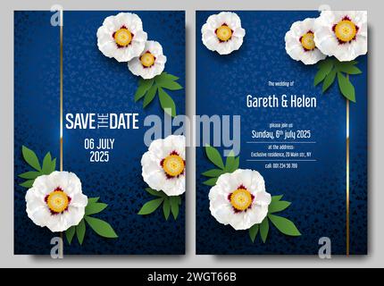 Modello di tessera d'invito per matrimoni floreali, fiore di peonia bianco con foglie e linea dorata. Cordoncino d'oro, fiore, foglia verde su sfondo blu Illustrazione Vettoriale