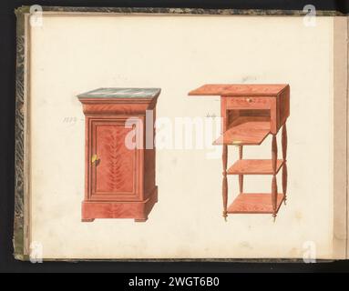 Due disegni per comodini, anonimi, c. 1825 - c. 1839 disegno di due disegni per comodini, uno con piano in marmo e un comodino aperto con gambe ritorte. La parte superiore è chiusa con un cassetto e guance su entrambi i lati. La foglia sul retro numerata: 5, il foglio opposto con le informazioni sui mobili raffigurati: 5 bis. Parte di un album con 80 fogli con disegni e una stampa di mobili impiallacciati e laccati, nonché mobili per sedersi. Parigi (forse) carta. inchiostro. acquerello (vernice). pennarello/pennello per uso speciale (+ legno e altro materiale fitogeno). letto Foto Stock