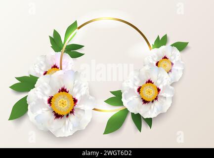 Cornice con logo Golden Circle con grandi fiori di peonia bianca. Cornice rotonda oro, fiore, foglia verde su sfondo cremoso. Per biglietto d'auguri, invito Illustrazione Vettoriale