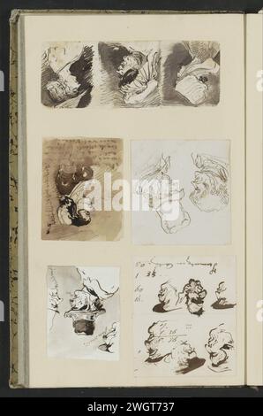Teste di uomini e donne, 1826 - c. 1888 cinque bozzetti incollati con caricature di uomini e donne. Presumibilmente Tavrate l'ha mandato a Canta. La testa di un uomo sul lato verso dello sketch a destra al centro. Pagina 43 verso da un bozzetto e album con 59 riviste. carta. accessorio per la testa della penna a inchiostro: cappello (+ abiti da donna). testa (umana). uomo adulto. donna adulta. copricapo: berretto (+ abiti da uomo) Foto Stock