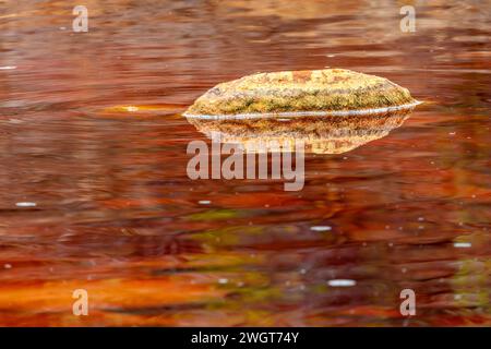 Una solitaria roccia dorata getta il suo riflesso sulle tranquille e ricche di ferro acque rosse del Rio Tinto Foto Stock