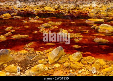 I caldi depositi minerali arancioni del Rio Tinto scolpiscono un paesaggio strutturato con pozzanghere riflettenti Foto Stock