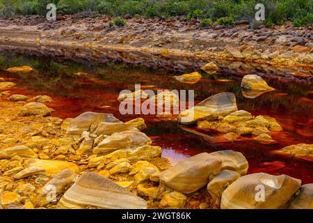 I caldi depositi minerali arancioni del Rio Tinto scolpiscono un paesaggio strutturato con pozzanghere riflettenti Foto Stock