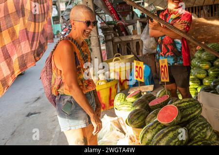 Una donna di mezza età che viaggia da sola guarda la frutta e la verdura locale in un mercato nel nord della Thailandia. Foto Stock