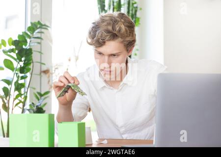 Giovane che costruisce un modello di casa a energia verde Foto Stock