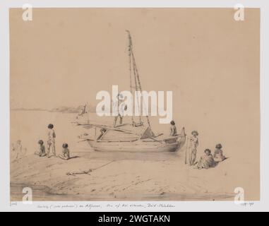 Nave sulla spiaggia e isole Alfoeren, Aru o Kai, Molucche sudorientali, Adrianus Johannes Bik, 1824 disegno carta delle molucche centrali. matita. gesso Foto Stock