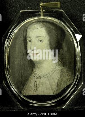 Amalia van Solms (1602-75). Vedova del principe Frederik Hendrik, anonimo, c. 1647 - c. 1650 miniatura (pittura) Ritratto di Amalia van Solms (1602-75). Vedova del principe Frederik Hendrik. Busto a sinistra, riguardo. Sulla schiena un teschio con ossa incrociate. All'originale di Willem van Honthorst destinato alla Kopel van de Oranjezaal, ora nello Staatliche Gemäldegalerie di Berlino. Fa parte della collezione di miniature di ritratti. Cartone Olanda. metallo. cristallo (vetro piombo) Foto Stock