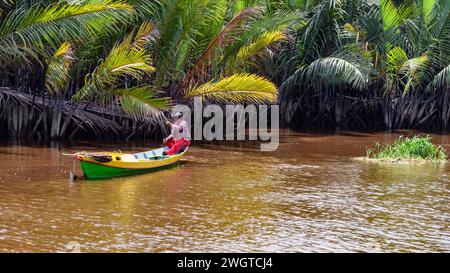 Pescatore locale nel suo canoo sul fiume Sekonyer, il Parco nazionale Tanjung Puting, Kalimantan, Borneo. Palme nipa (NYPA fluitans) sullo sfondo. Foto Stock