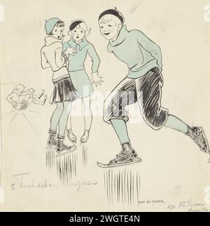 Ragazzo che pattina davanti a due ragazze, c. 1928 - c. 1941 disegnando Un ragazzo pattina sorridendo davanti a due ragazze che si alzano sul ghiaccio e lo guardano. Sullo sfondo un ragazzo con le natiche cade sul ghiaccio. Inchiostro India (inchiostro). inchiostro. pennarello a penna/pennello (sport invernali). ghiaccio  stato dell'acqua. caduta Foto Stock