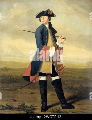 Ritratto di Ludolf Backhuysen II, Pittore, in uniforme dei dragoni, Tibout Regters, 1748 dipinto Ritratto del pittore Ludolf Bakhuysen II (1717-82), in uniforme dei dragoncini. In piedi, in pieno, in un paesaggio, una frusta nella mano sinistra. pannello. personale storico della vernice a olio (vernice). ritratto, autoritratto dell'artista Foto Stock