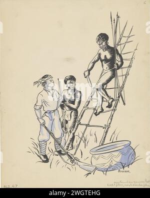 Il nuovo cacciatore guineese discende da una scaletta intrecciata, F. Ockerse, nel 1936 o prima, disegnando Un uomo bianco con un'arma da fuoco osserva come un nuovo cacciatore guineese con un coltello, un arco e le frecce scendono da una scala intrecciata. Un secondo cacciatore guarda. Nella parte inferiore della scala è presente un contenitore rotondo. carta. vernice (rivestimento). acquerello (vernice). cacciatore di pennelli a matita. armi da fuoco. scala Foto Stock