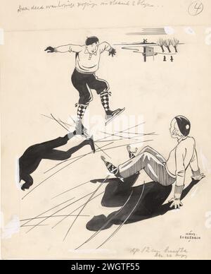 Caduto e caduto ragazzo sul pattinaggio, in o prima del 1933 disegnando paesaggio invernale con due ragazzi in abiti caldi sul pattinaggio. Un ragazzo è caduto e giace sul ghiaccio, guarda un secondo ragazzo che sembra ripiegare. Sullo sfondo pollard salice e una carta da macina. Inchiostro India (inchiostro). vernice del ponte. pennarello a penna/pennello (sport invernali). caduta. ghiaccio  stato dell'acqua Foto Stock