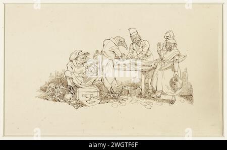 Gli uccelli eseguono una sezione, Wilhelm Koller, 1839 - 1884 disegnando Snijkamer: Due piccioni, in piedi ad un tavolo, eseguono una sezione su un cavallo (?) Sul tavolo; a sinistra seduta su una valigia, in mezzo ai frammenti, un assistente; a destra c'è un piccione vestito da donna con un volto discendente. carta. inchiostro penna animali che agiscono come esseri umani. dissezione Foto Stock