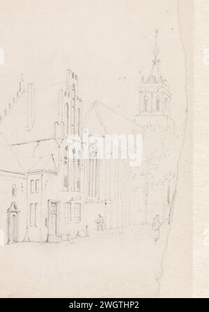 Paesaggio urbano con chiesa e case, Adrianus Everssen, 1828 - 1897 carta da disegno. matita Foto Stock