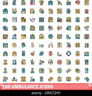 100 set di icone ambulanza. Set di linee di colore delle icone vettoriali dell'ambulanza linea sottile colore piatto su bianco Illustrazione Vettoriale
