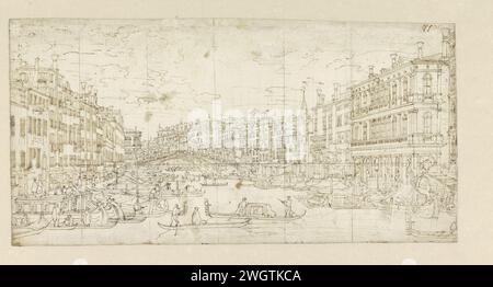 Vista del Canal grande e del Ponte del Rialto a Venezia, Bernardo Bellotto, 1730 - 1780 carta da disegno. matita. ponte con penne d'inchiostro in città sul fiume, sul canale, ecc... strada pubblica. Canali, acque (in città) Canal grande. Rialtobrug. Venezia. Italia Foto Stock