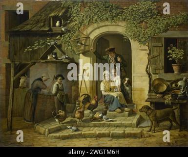 La casa di un cacciatore, Henri Voordecker, 1826 dipinge la casa di Hunter. Una famiglia di fronte alla casa. Madre con un bambino seduto alla porta, dietro di lei un giovane uomo in abiti da cacciatore. Polli e piccioni stanno camminando sulle scale di fronte alla casa, ancora più piccioni che portano a un piccione a sinistra della porta. A sinistra c'è una ragazza in un pozzo, un cane su una catena a destra. pannello. pittura a olio (vernice) vita familiare a casa. cacciatore Foto Stock